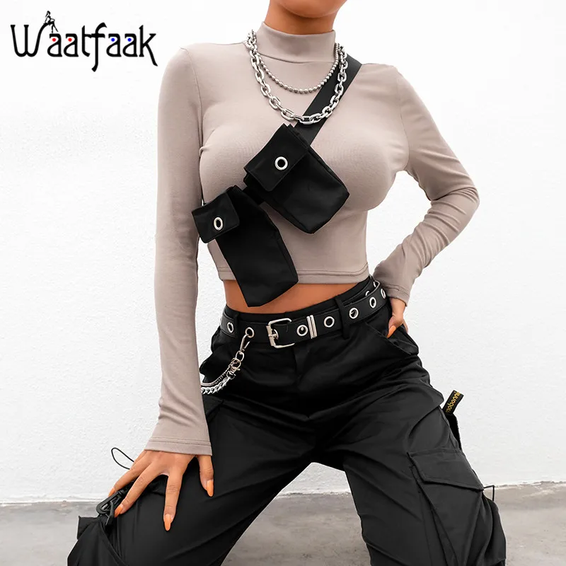 

Waatfaak Casual Cotton Tshirt Women Pockets Long Sleeve Crop Top Tee Shirt Femme Solid Vintage Basic T Shirt Korean Style Tops