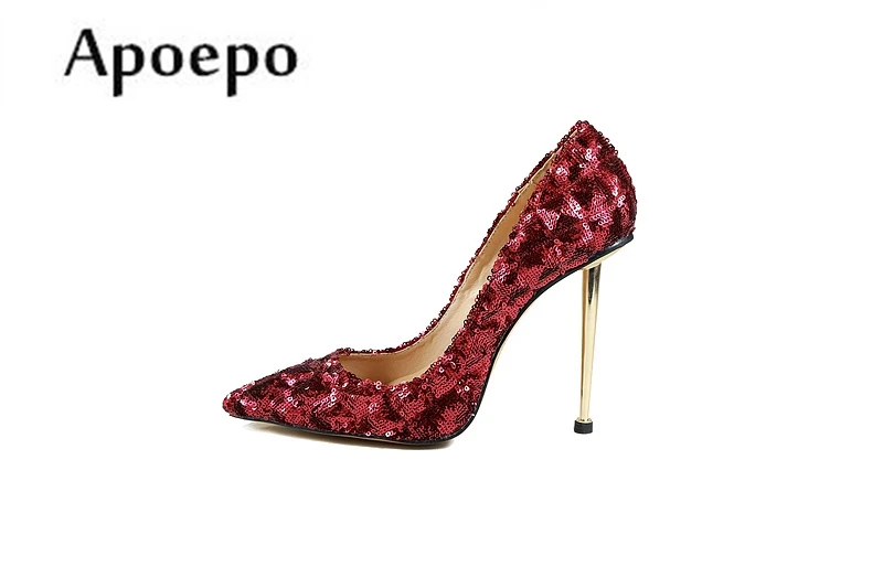

New 2018 Hot Selling High Heel Shoes Sexy Pointed Toe Red Glitter Embellished Wedding Shoes Woman Stiletto Heels