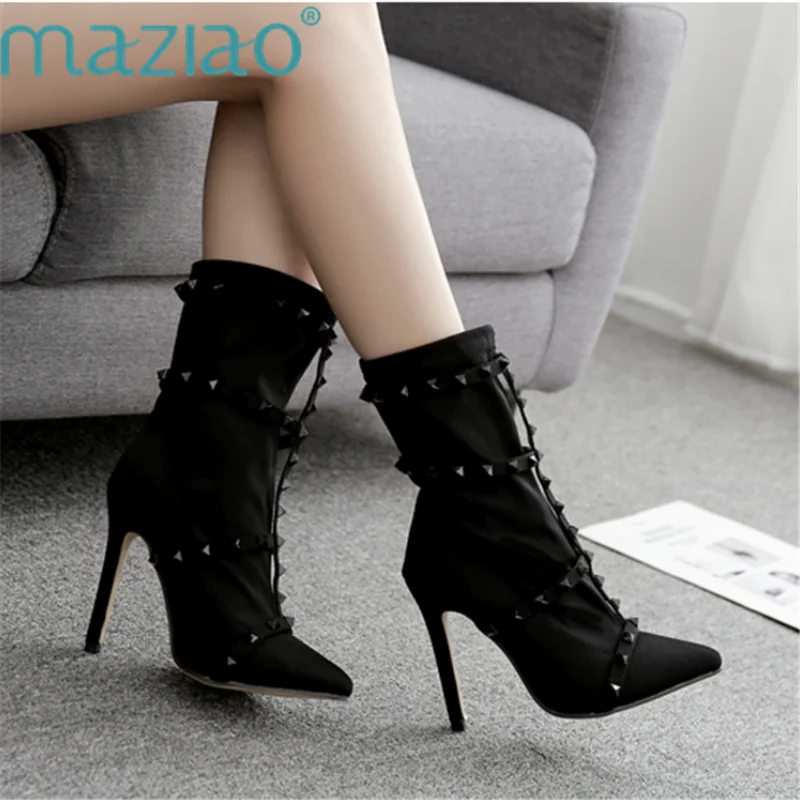 

New Sock Boots Pointed Toe Elastic High Boots Slip on High Heel Ankle Boots Rivet Women Pumps Stiletto MAZIAO