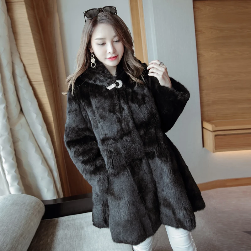 Женское зимнее пальто из натурального кроличьего меха с капюшоном|real fur jacket|rabbit
