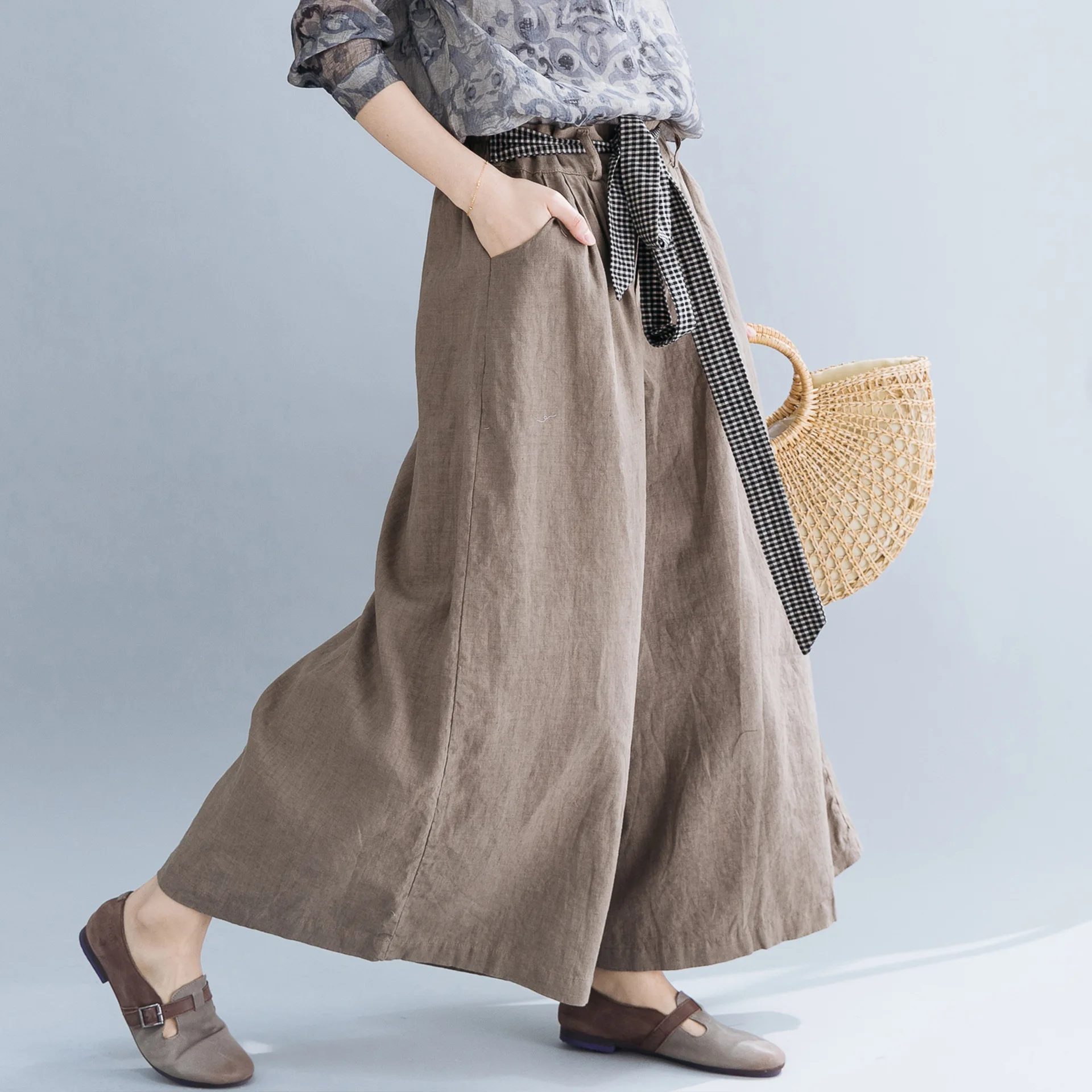 

BUYKUD Summer New Cotton Linen Plus Size Women Wide Leg Pants Casual Women Solid Color Elastic Wiast Full-length Pants 2019