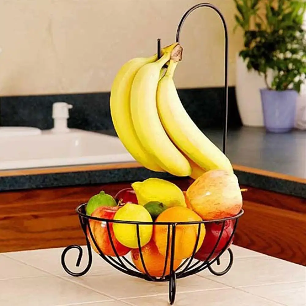 Кухонная посуда металлическая корзина для фруктов банан Вешалка держатель крюк Органайзер металлическая корзина для фруктов Диаметр 25 см высота 41 см - Цвет: Черный