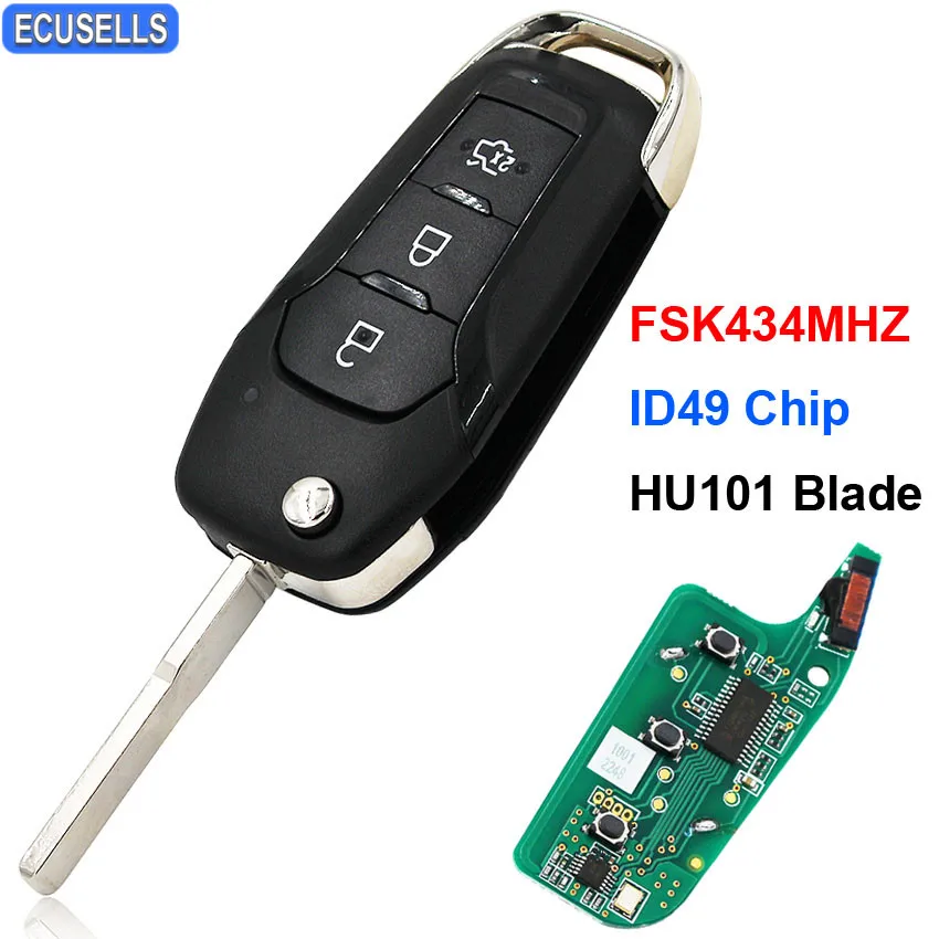 

3 Button Folding Flip Remote Key Smart Car Key Fob FSK 434MHz ID49 Chip For Ford Escort New Mondeo 2014 - 2017 HU101 Uncut Blade