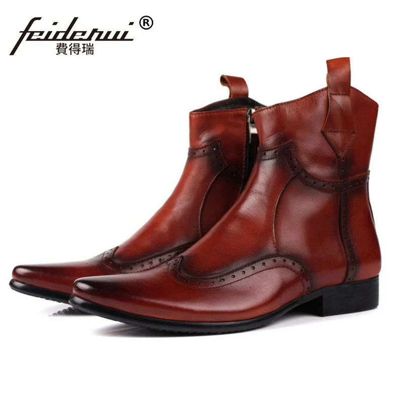 

New Luxury British Carved Brogue Oxfords Man Shoes Vintage Genuine Leather Men's Pointed Toe Motorcycle Ankle Boots EC24