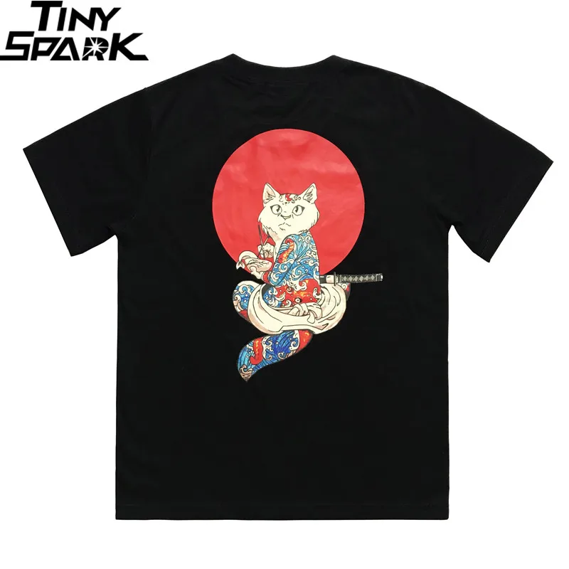

2019 Streetwear Mens Hip Hop T Shirt Warrior Cat T-Shirts Harajuku Japanese Anime Cat Tshirt Summer Short Sleeve Tops Tees Black