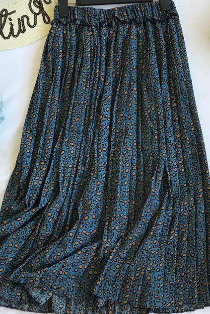 Весна, Новое поступление, Корейская стильная шикарная винтажная юбка с оборками и эластичной резинкой на талии, тонкая плиссированная юбка с леопардовым принтом, одежда - Цвет: Синий