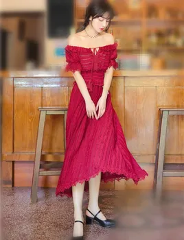 

Boho Red Strapless Long Party Dress Bohemian Women Sexy Off Shoulder Beach Maxi Dress Summer Ruffle Sundress Vestidos