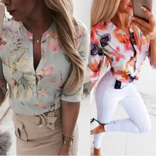 Summer Women 3/4 Sleeve Floral Loose Blouses Tops Woman Female Shirt OL Ladies Casual Button Blouse Streetwear 2019 New Arrival