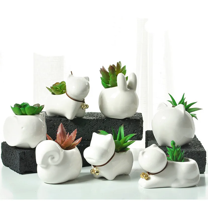

Mini Ceramic Flower Pot White Animals Dog Cat Rabbit Sheep Maceteros Green Succulent Planter Flowerpot Home Office Desktop Decor