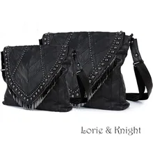 Female Fashion Black Soft Lambskin Genuine Leather Tassel Rivet Punk Bag Single Shoulder/Messenger Bag 2 Sizes