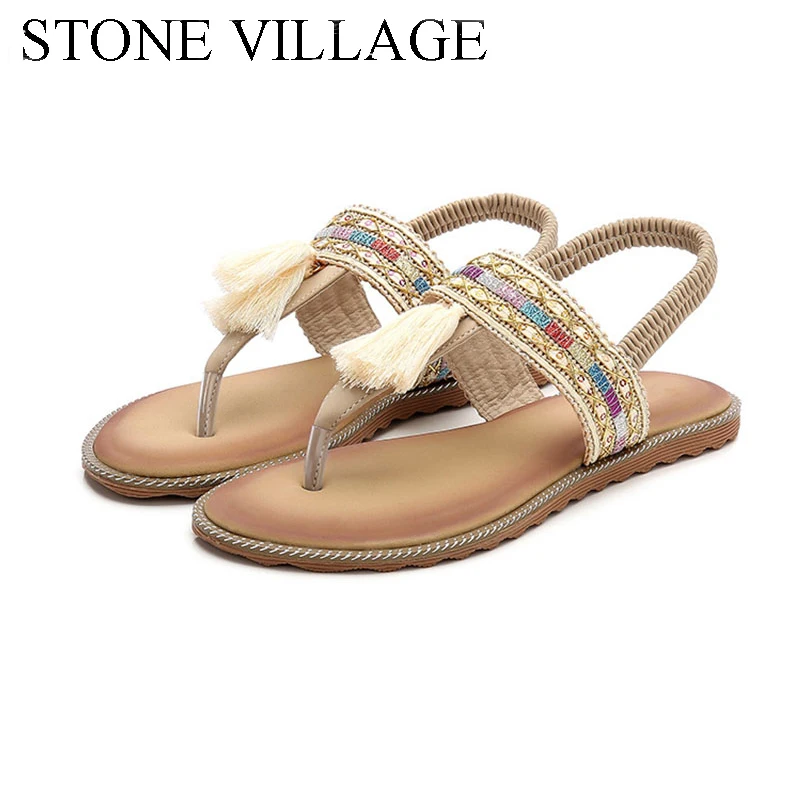 

Summer Open Toe Flat Heels Women Sandals Casual Flip Flops Women Shoes Fringe Ankle Strap Bohemia Style Ethnic Beach Shoes
