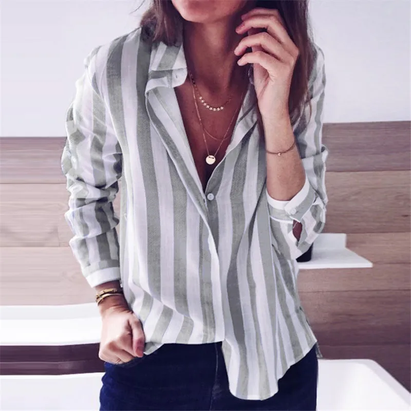 VZFF Blouse Women Office Casual Candy Color Striped Chiffon Shirt 2019 New Fashion Loose Long-Sleeved Lapel Women Shirt Top