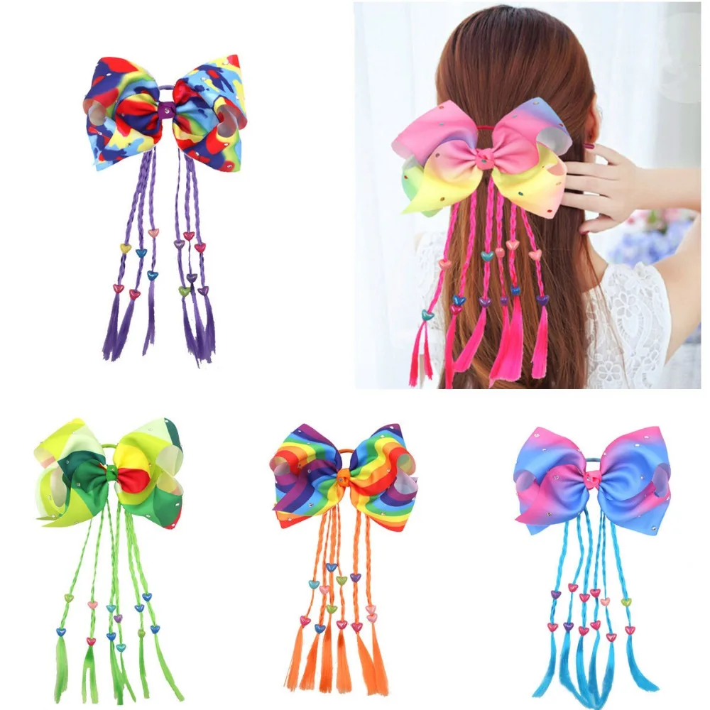 10pcs Rainbow Rhinestone Hair Bows Rubber Band For Kids Girls Tassel