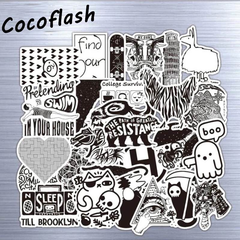 50pcs/lot Metal Color Black and White DIY Stickers for Skateboard Laptop Snowboard Car Phone Home Decor Funny Kids Toys Gifts