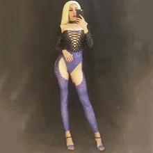 Новинка, черный джинсовый комбинезон с рисунком, с длинным рукавом, камни, сексуальная одежда, костюм певицы, на день рождения, выпускной, вечерние, для женщин, Одежда для танцев