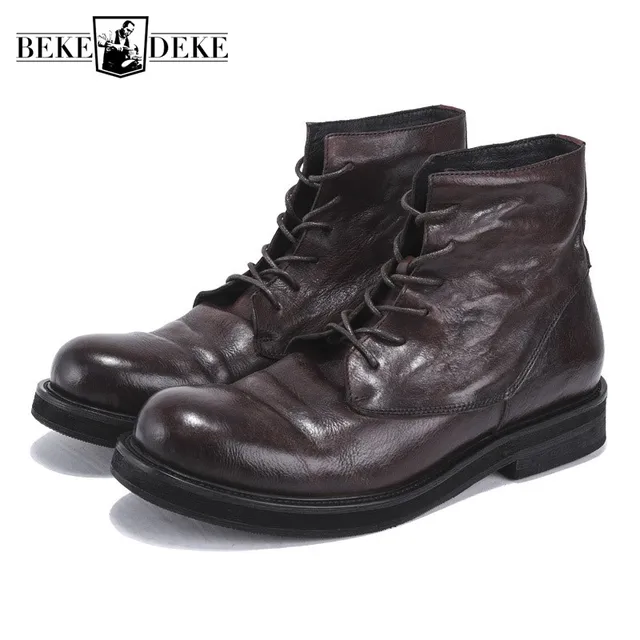 US $116.62 Genuine Leather Retro Work Boots Men Winter Sneakers Lace Up Luxury Trainers British HighTop Ankle