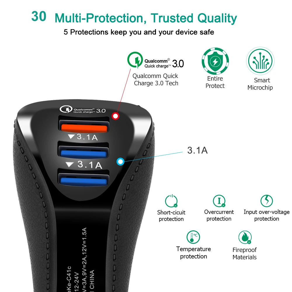 

2019 Newly QC 3.0 Fast Charger 3.1a USB Dual Port Car Charger C Type Android Smartphone Tablet Charger Adapter safty charging