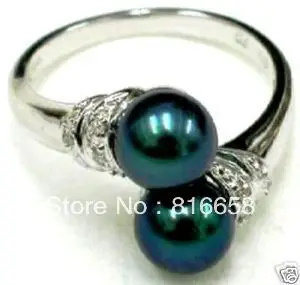 

Pretty Noblest silver black shell pearl Ring 6-9#