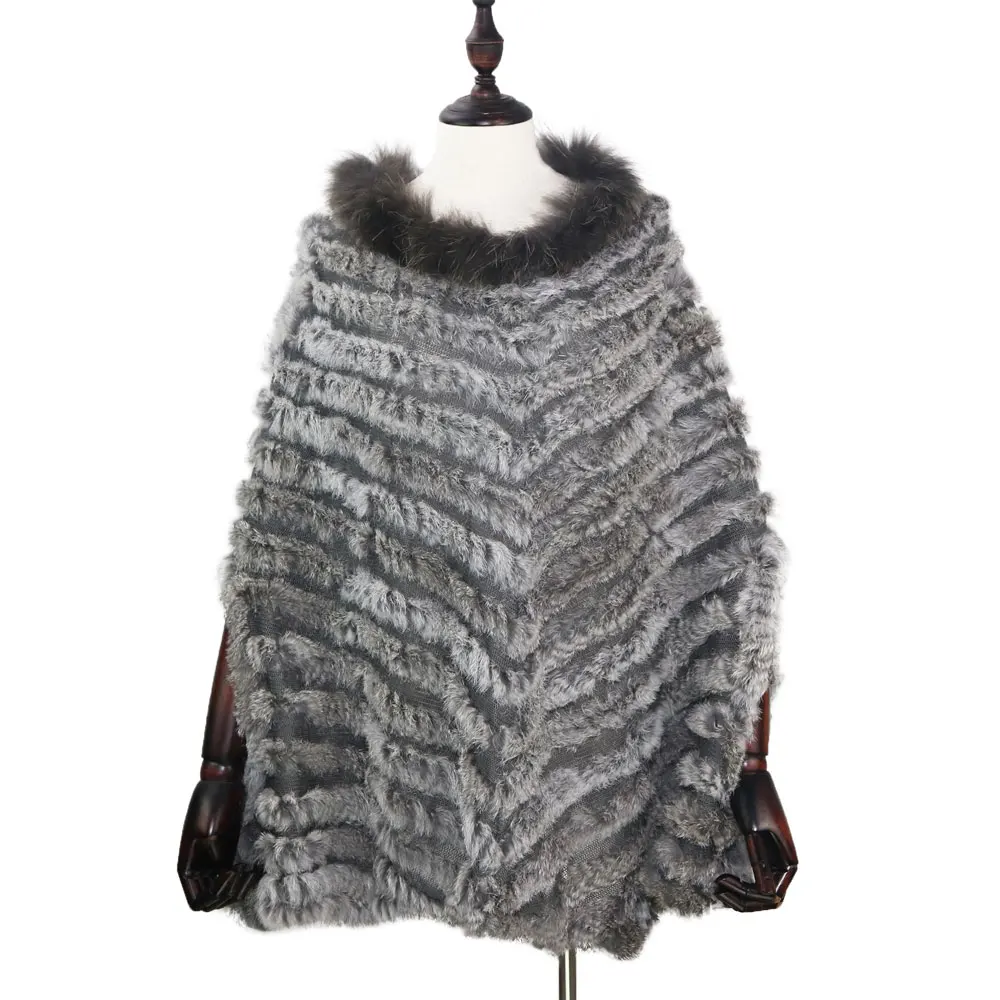 

2019 New Women Luxury Pullover Knitted Genuine Rabbit Fur Raccoon Fur Poncho Cape Real Fur Knitting Wraps Shawl Triangle Coat