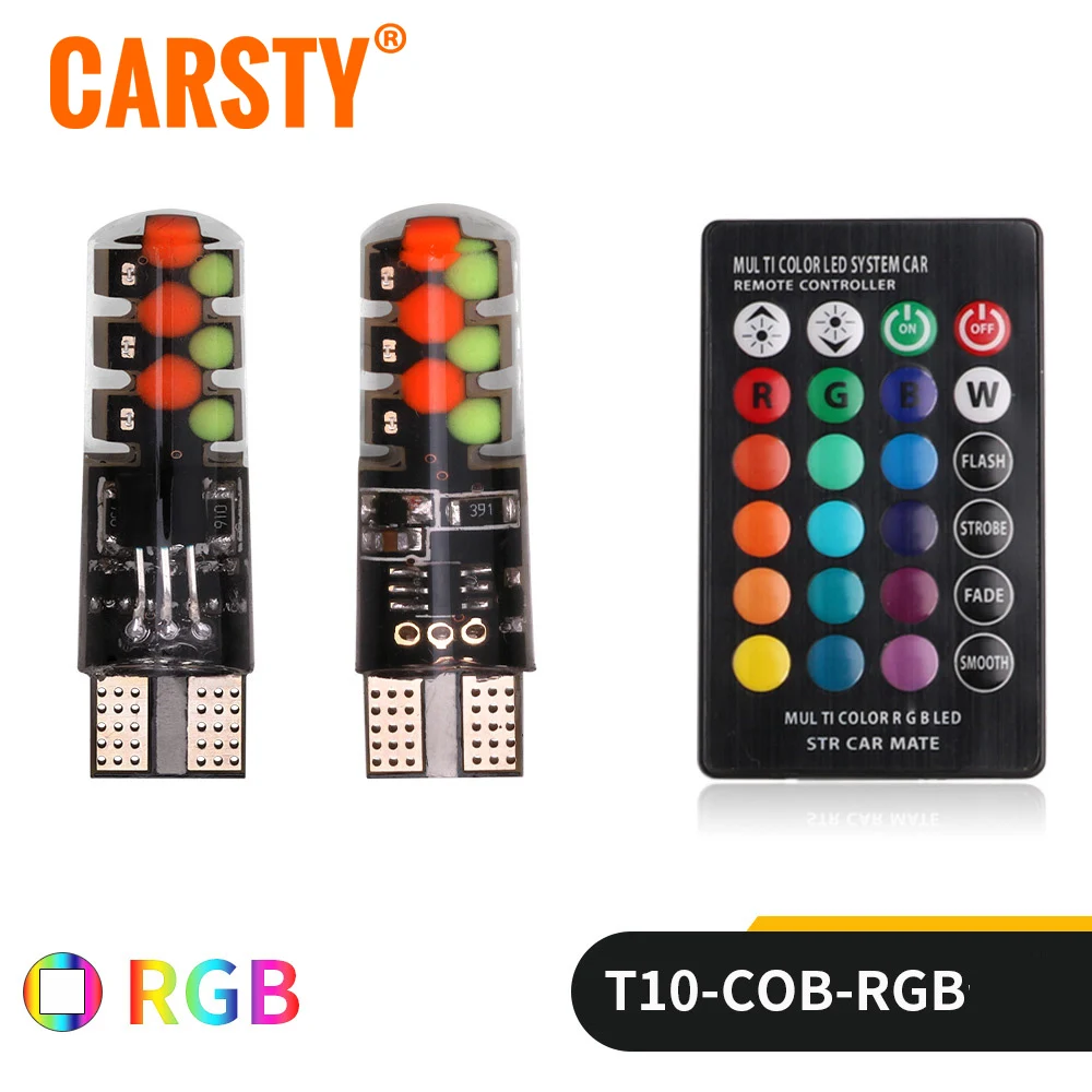 

Carsty New Universal Car Led W5W T10 RGB COB 12SMD Clearance lights Colorful Multi Mode Car Light Bulbs With Remote Controller