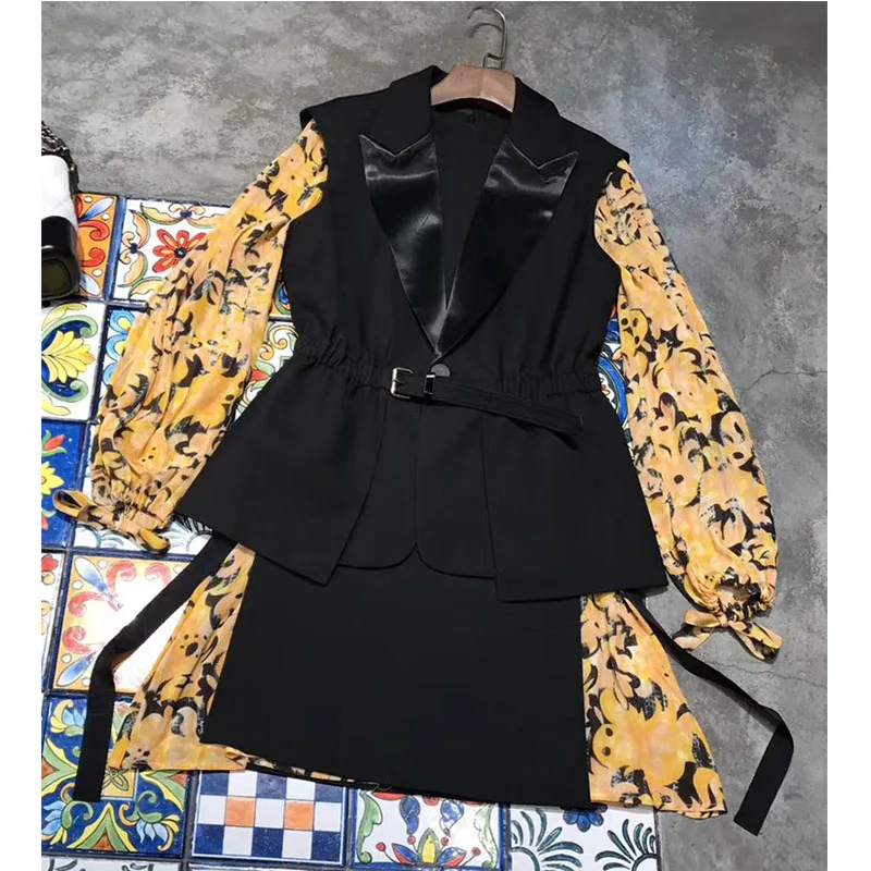 Cosmichic женское платье комплект из 2 предметов черный короткий жилет с поясом Длинный рукав цветочный принт платье Подиум дизайнерское платье костюм - Цвет: 2 piece set