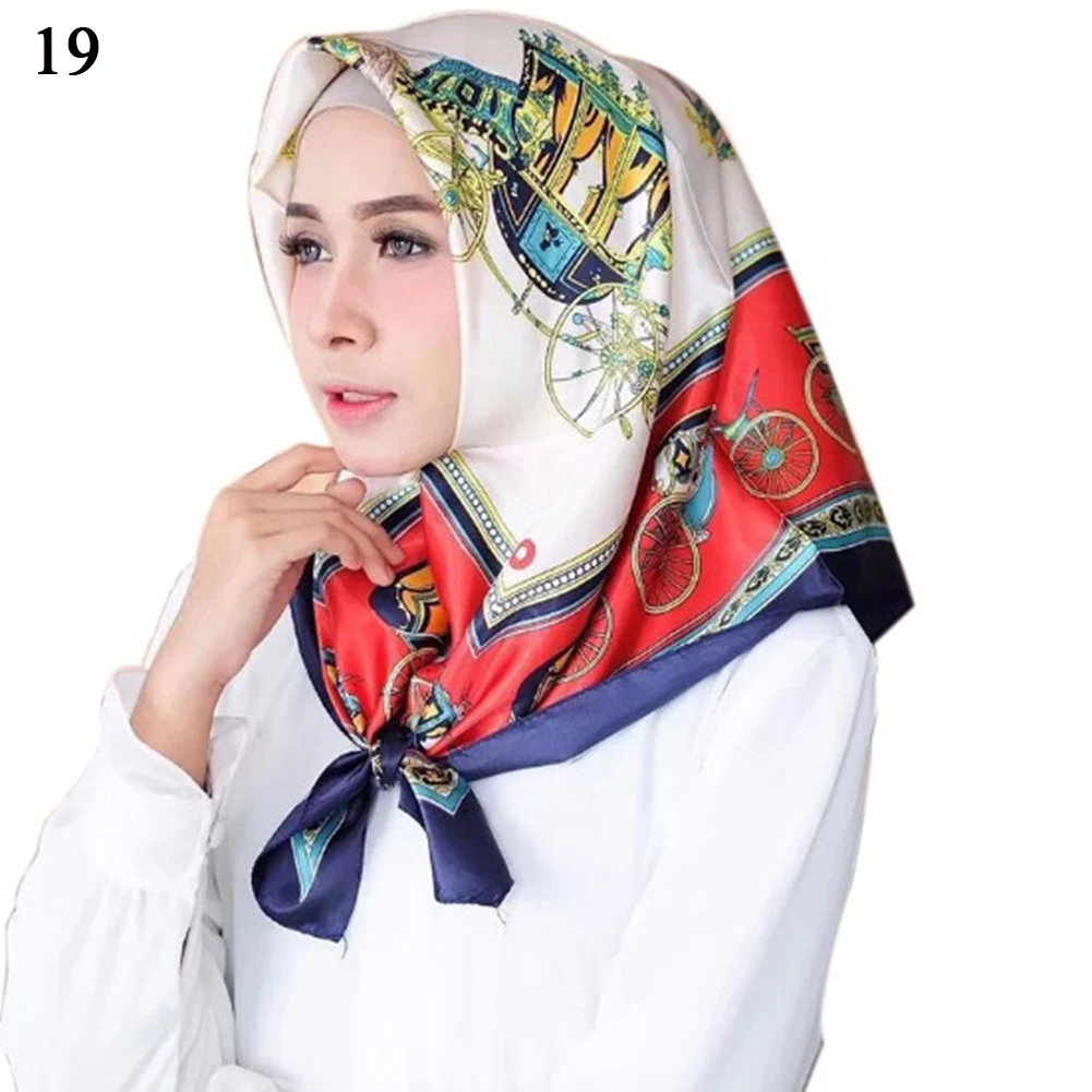 Женские атласные шарфы с квадратной головкой, шали, 90x90 см, банданы с цветочным принтом, хиджаб, винтажные мусульманские банданы, этнический шелк - Цвет: 19