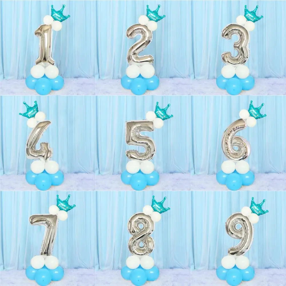 

1set Foil Number Balloon Latex Air Ballons with Crown Kids Happy Birthday Party Decorations Ballon Boy Girl 1st 2 3 4 5 6 7 8 9