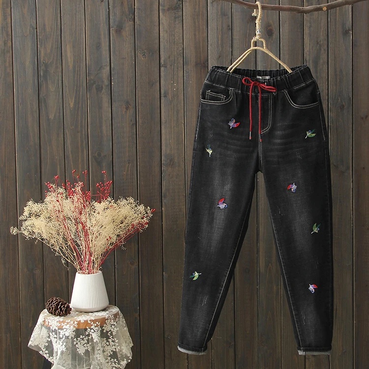 

Ladies Vintage Women's Jeans Straight Plus Size High Elastic Waist Ripped Jeans for Women Jean Femme Embroidery Pantalon Mujer