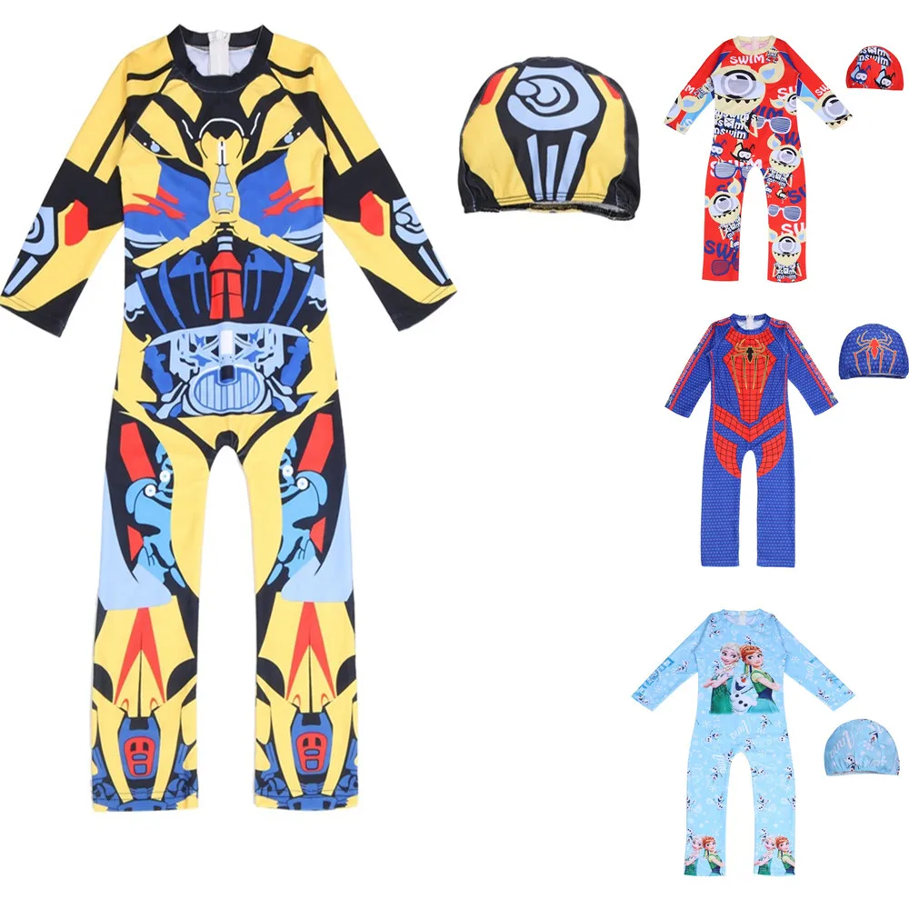 

Children's Beach Swimsuit Robot Siamese Infant Children's One Piece Swimsuit Spiderman Ai Sha Princess Long Sleeve Swimming Set