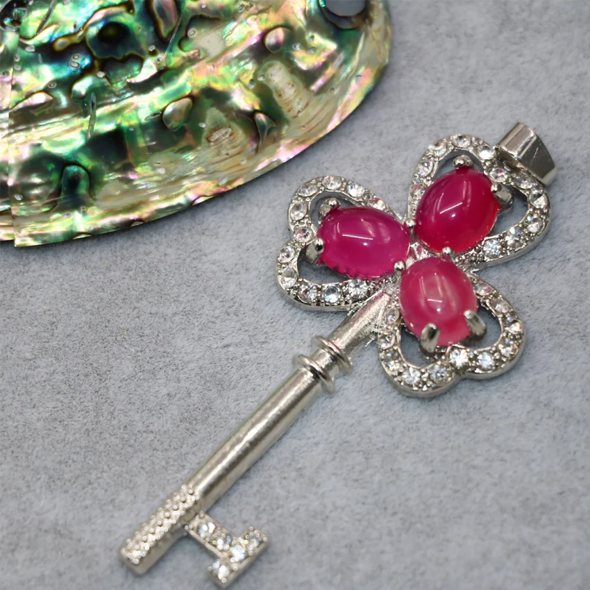 

Wholesale price silver-color flower key pendant for women 33*70mm red stone inlay elegant new fashion gifts diy jewelry B3036