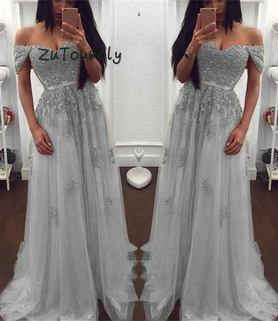 

Silver Prom Dresses Off The Shoulder robe de soiree Dubai Arabic Evening Gowns Sexy Long Graduation Dress With Appliques Beaded