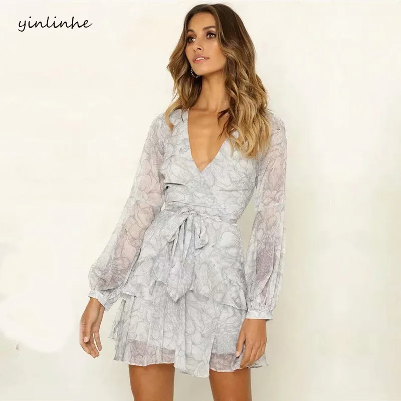 

yinlinhe Grey Floral Chiffon Dress women 2019 Sexy Transparent summer Dress Long Sleeve Elegant Ruffles dresses with belt 728