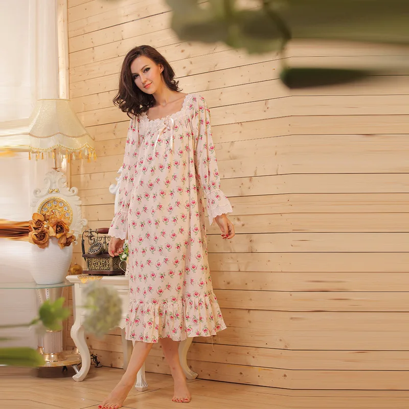 Long Sleeve Short Floral Nightgown For Women Sleepwear Country Vintage