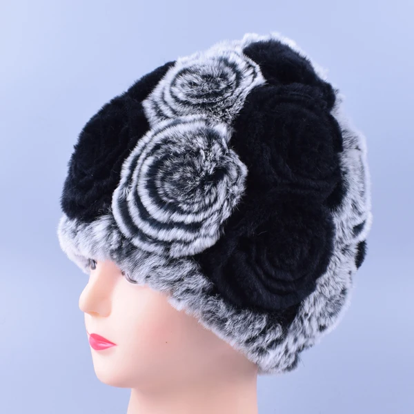 Модная Цветочная зимняя шапка s для девочек, вязаные изделия из натурального меха, актуальная женственная шапка из меха Рекс, кролик шапочка, коса, шапки LQ11168 - Цвет: Big Rose Color 02