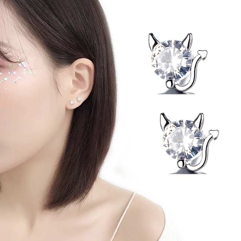 

Korean Fashion Cute Devil Fresh Rhinestone Silver Color Stud Earrings for Women Sweet Animal Simple Charming Earrings for Female