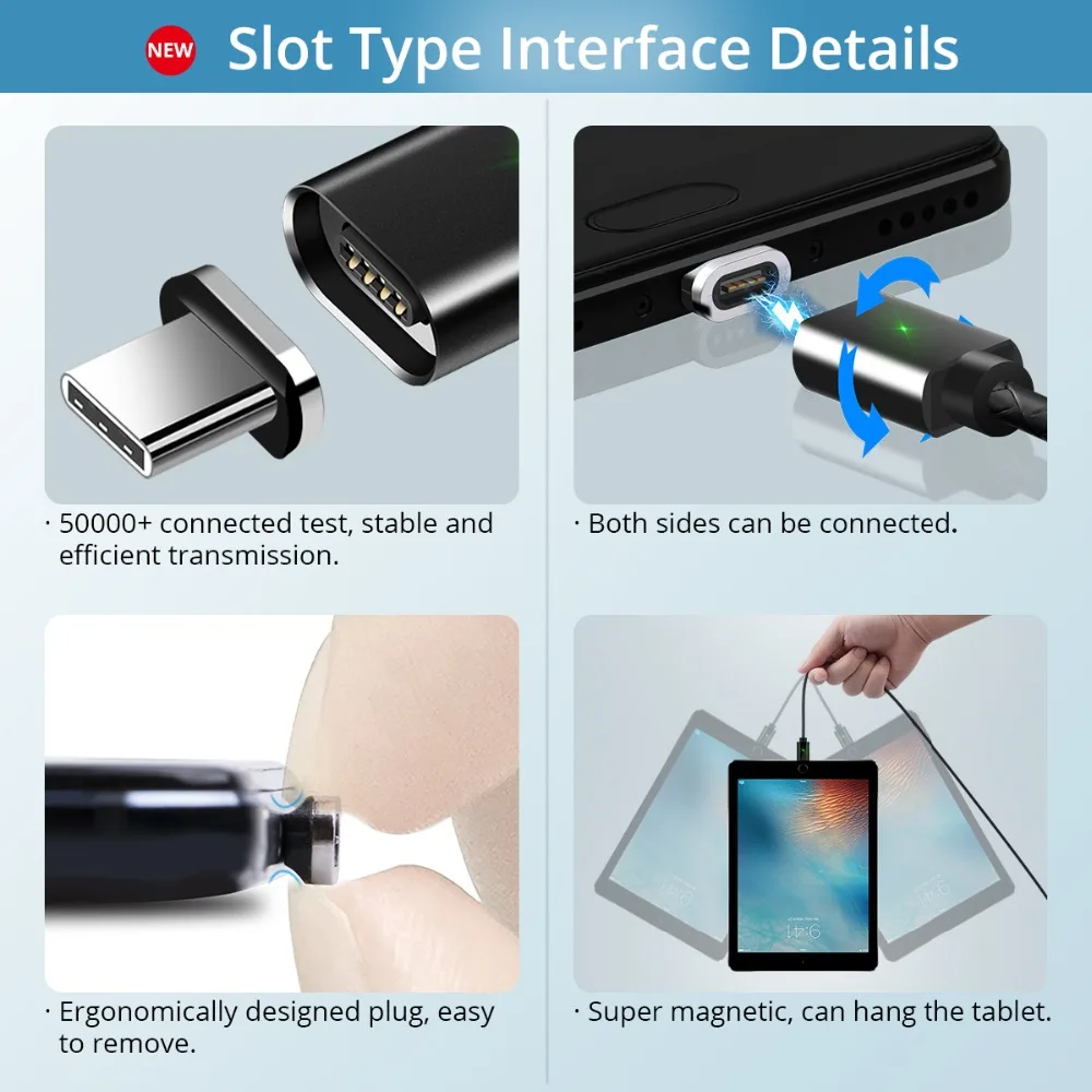 FONKEN نوع-C المغناطيسي كابل USB C الهاتف سريعة تهمة كابل LED المغناطيس الوجهين سريع تهمة بيانات مزامنة الحبل للهاتف المحمول