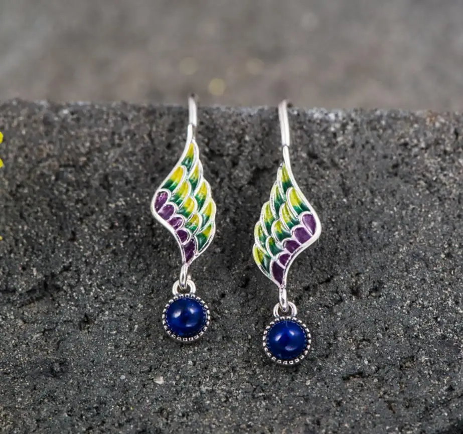 

Fashion Jewelry Cloisonne Hand Made 925 Solid Silver Natural Lapis stone Woman Precious Stone Cute Romantic Dangle Earrings