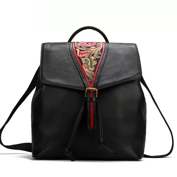 

Chinese National Style Genuine Cow Leather Engraved Flower Ladies Drawstring Black Backpack Women's Handmade Small Backpack