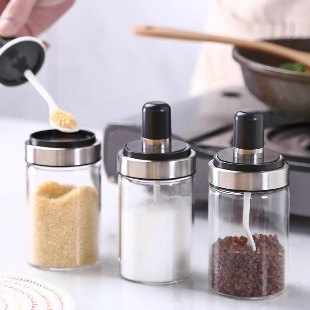 

1PCS Jar Seasoning Box Kitchen Rack Spice Storage Bottle Jars Transparent Glass Salt Pepper Cumin Powder Box With Spoon Tool