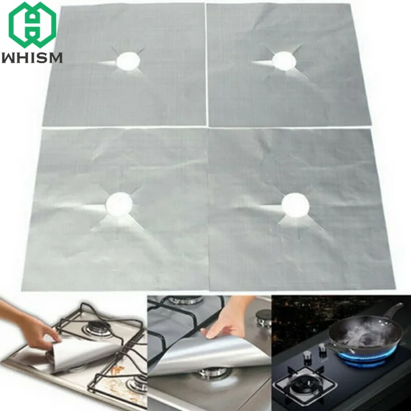 

WHISM 4Pcs 27x27cm Durable Aluminum Foil Gas Stove Protectors Reusable Gas Stove Burner Cover Liner Mat Pad Home Kitchen Tools