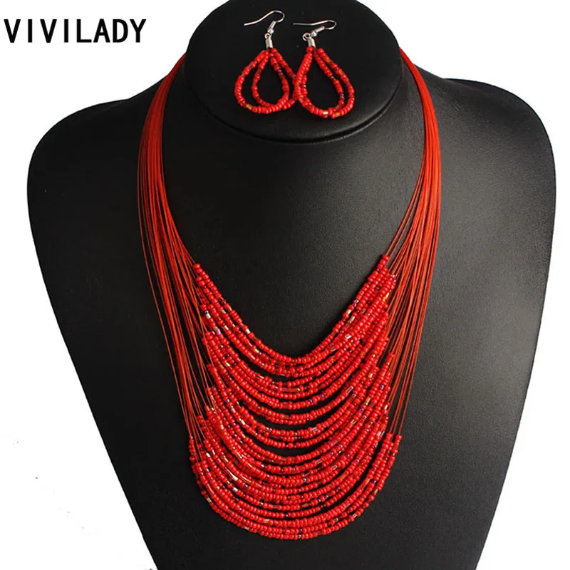 

VIVILADY Jewelry Fashion Necklace Earrings Jewelry Sets Office Women Multilayer Resin Beads Pendant Bijoux Accessory Party Gifts