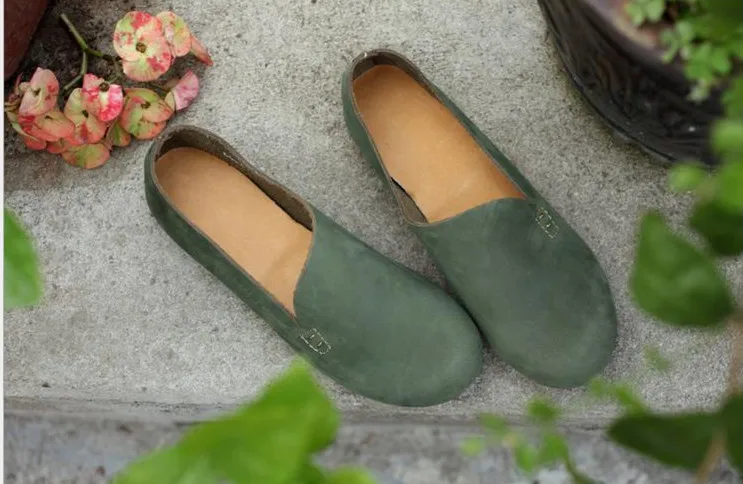 Женская обувь; обувь ручной работы; Винтажная обувь из натуральной кожи на плоской подошве; обувь из мягкой кожи с натуральным лицевым покрытием; очень удобная обувь; лоферы - Цвет: Green