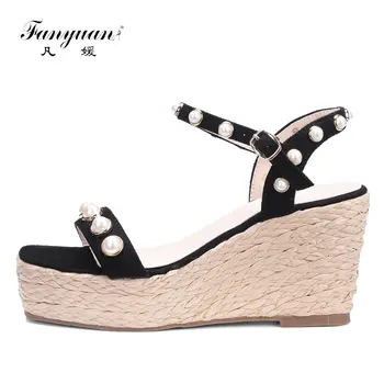 

Fanyuan Fashion Buckle Strap pearl Women Shoes Summer platform Ankle Strap Sandals Elegant Wedges High Heels zapatos mujer