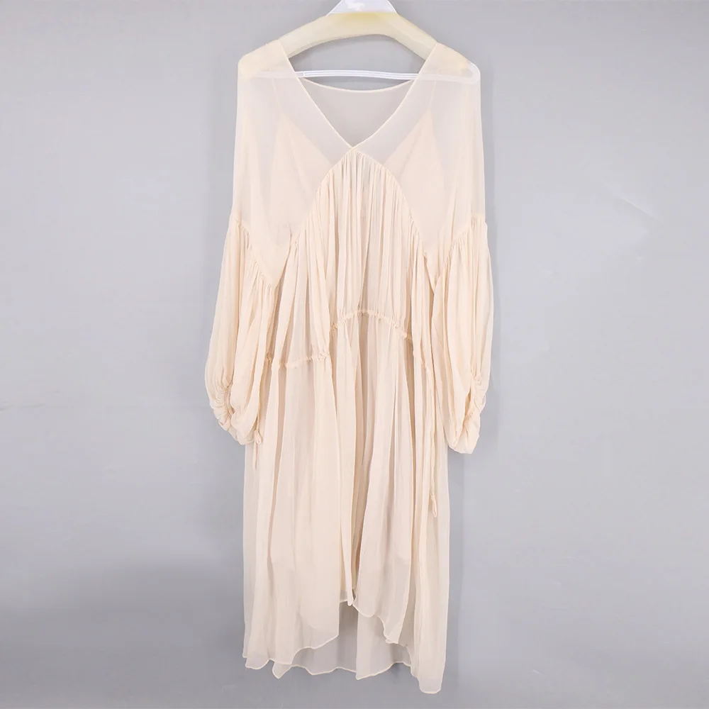 

2017 spring and summer new women europe style big lap 100% silk dress sexy cute v-neck lantern sleeve runway dresses