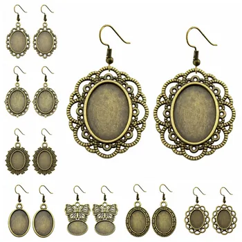 

5 Pairs Fit 13x18mm Oval Shape Glass Cabochon Antique Bronze Color Zinc Alloy Dangle Earrings Hooks Cabochon Base Setting