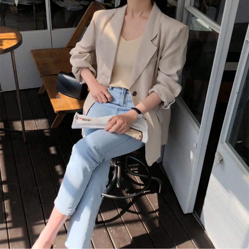 REALEFT Autumn New Arrival Solid Causal Single Breasted Women Jacket Blazer Notched Collar Female Suits Coats Fashion