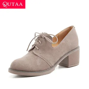 

QUTAA 2020 New Spring Autumn Fashion Thick Heel Round Toe Casual Shoes Cow Suede Lace Up All Match Women Single Shoes Size 34-39