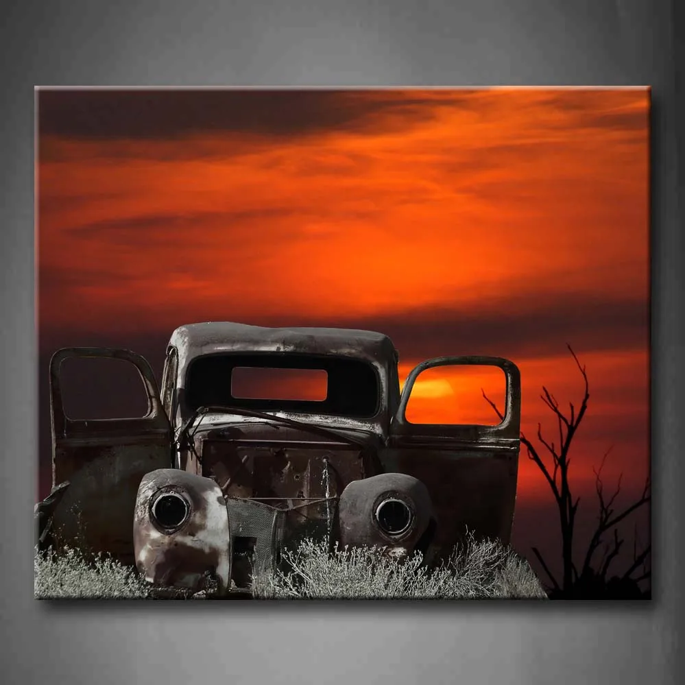 

1 Pic Framed Wall Art Pictures Car Sunset Tree Canvas Print Artwork Architecture Posters With Wooden Frames For Decor