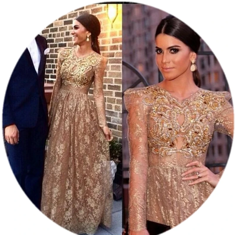 Party Gowns Vestidos Prom Dresses Lace Evening Dresses Long Sleeves Bubble Shoulder Beading Gold Crystal African Formal Dresses