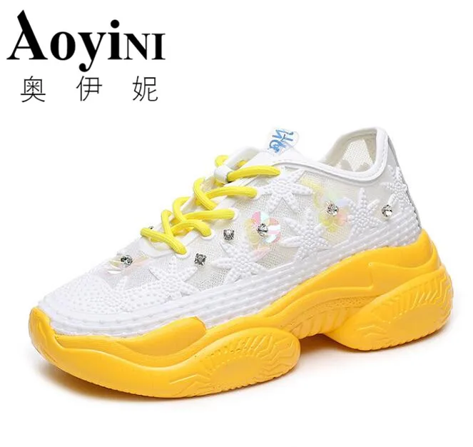 

Hi Street Breathable Air Mesh Yellow Sneakers Women Comfortable Platform Crystal Floral Spring Summer Shoes Woman Flats
